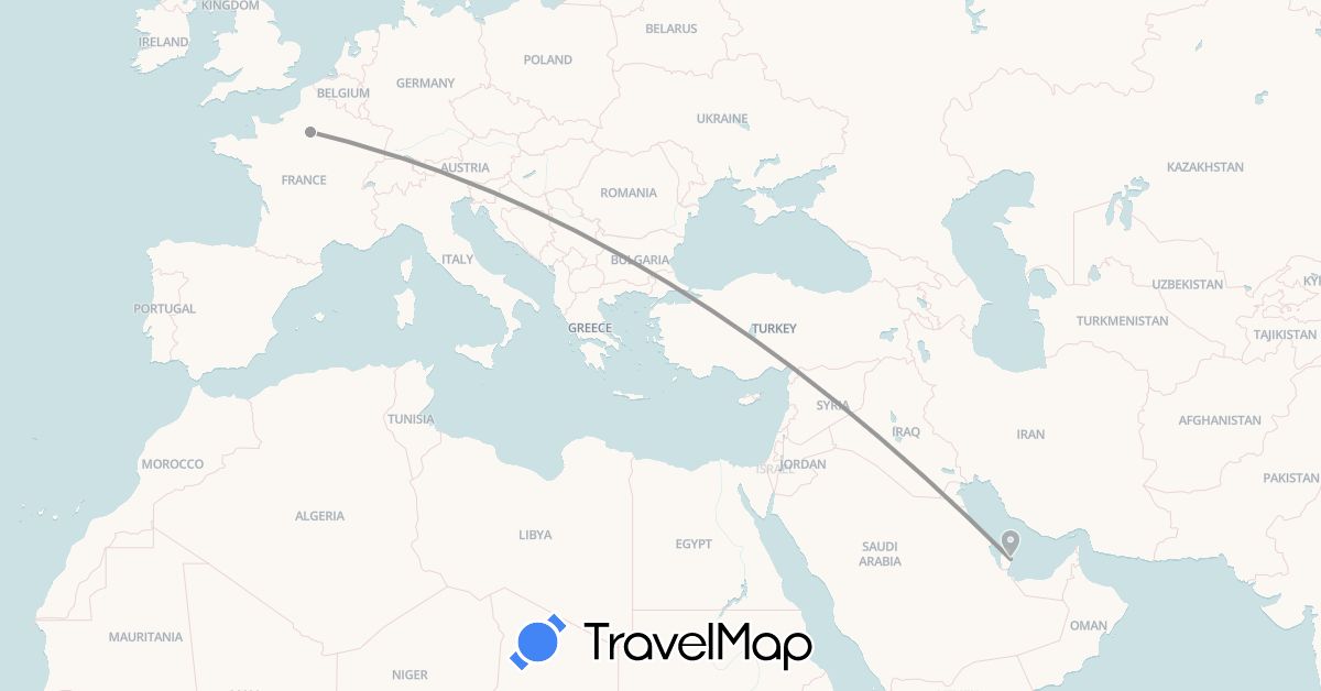 TravelMap itinerary: driving, plane in France, Qatar (Asia, Europe)